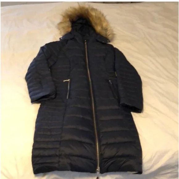 kate spade Faux Fur Trim Hooded Puffer Coat jacket deep navy size xs nwot - Picture 5 of 13